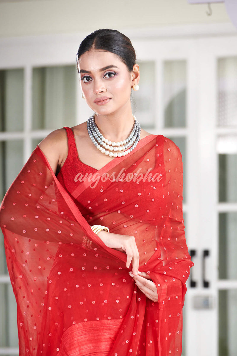 Red Colour Half Half Silk Matka Sequins Handwoven Saree