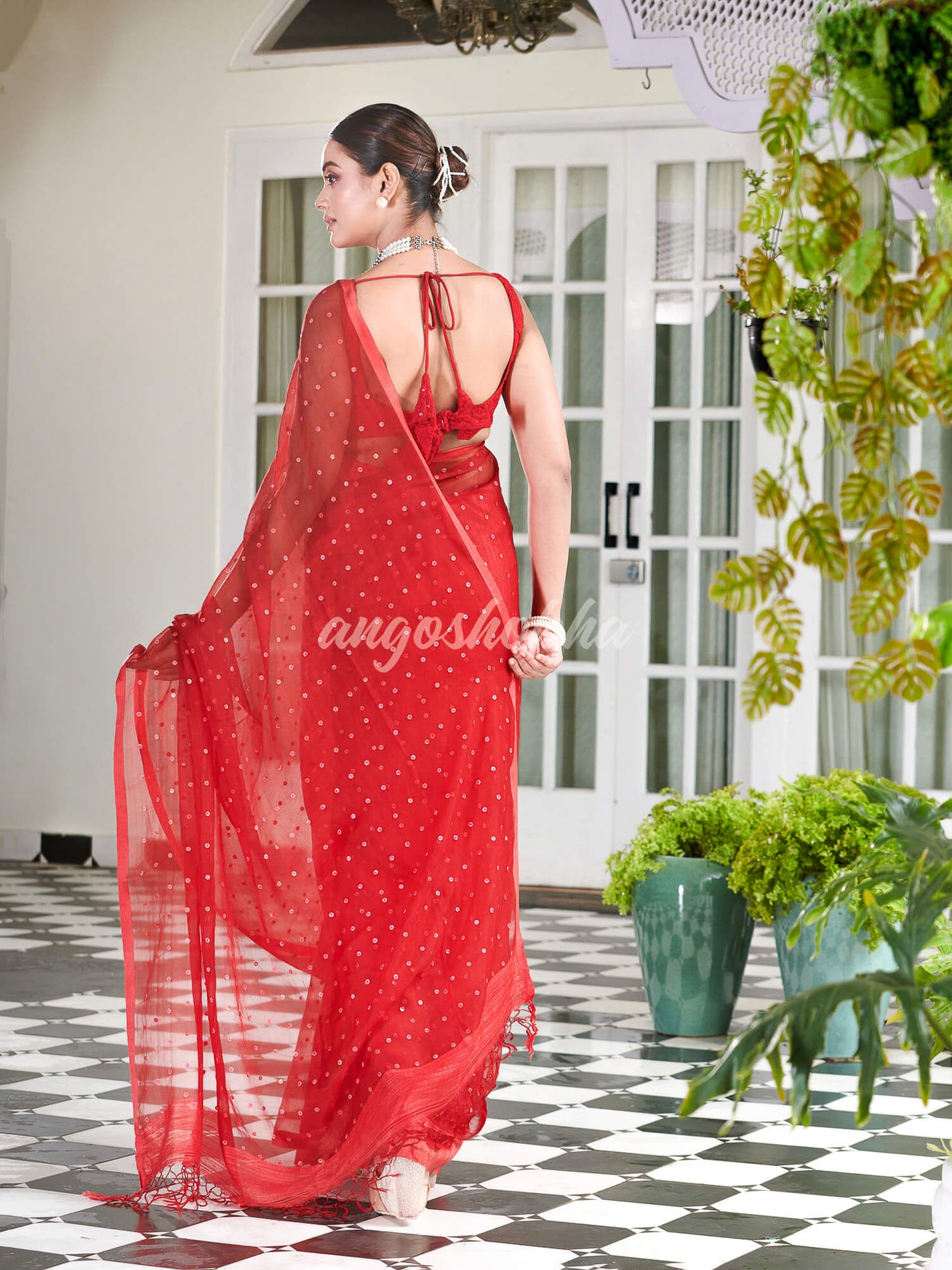Red Colour Half Half Silk Matka Sequins Handwoven Saree