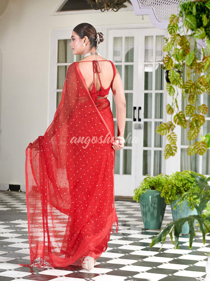 Red Colour Half Half Silk Matka Sequins Handwoven Saree