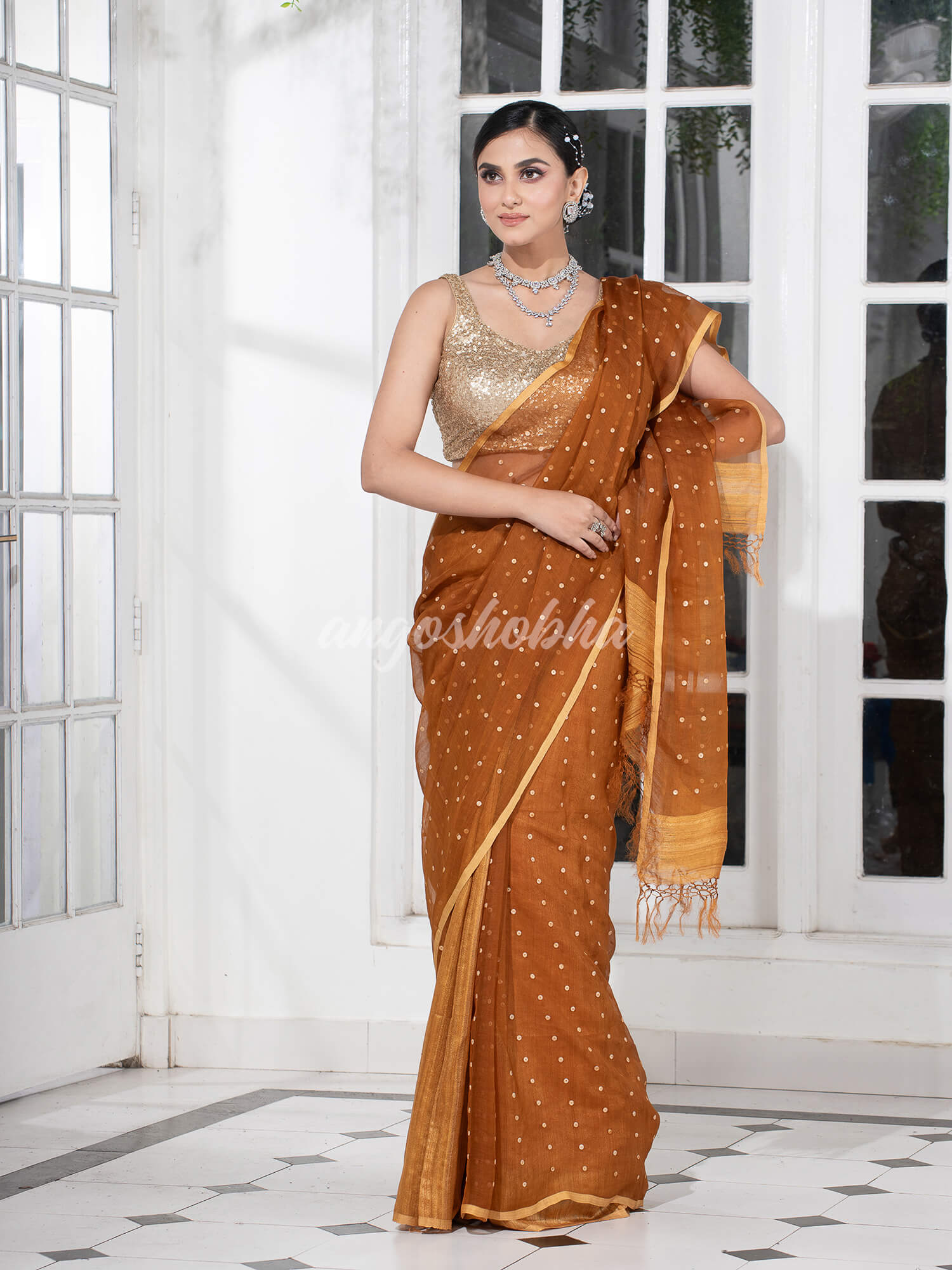 Golden Colour Half Half Silk Matka Sequins Handwoven Saree