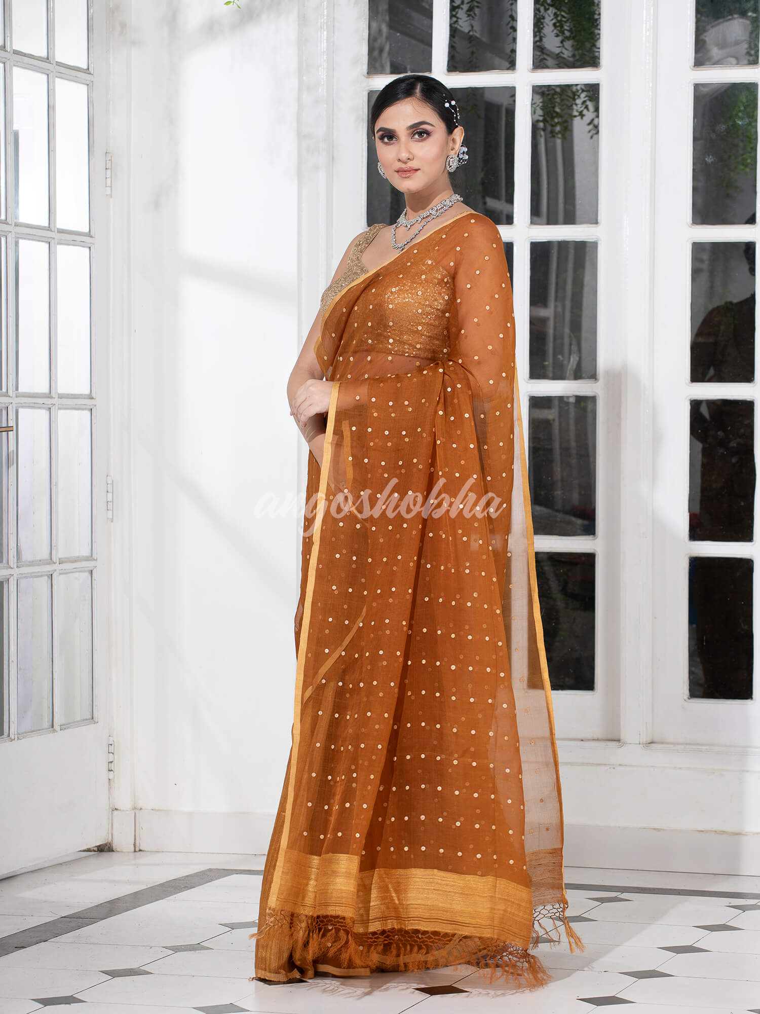 Golden Colour Half Half Silk Matka Sequins Handwoven Saree