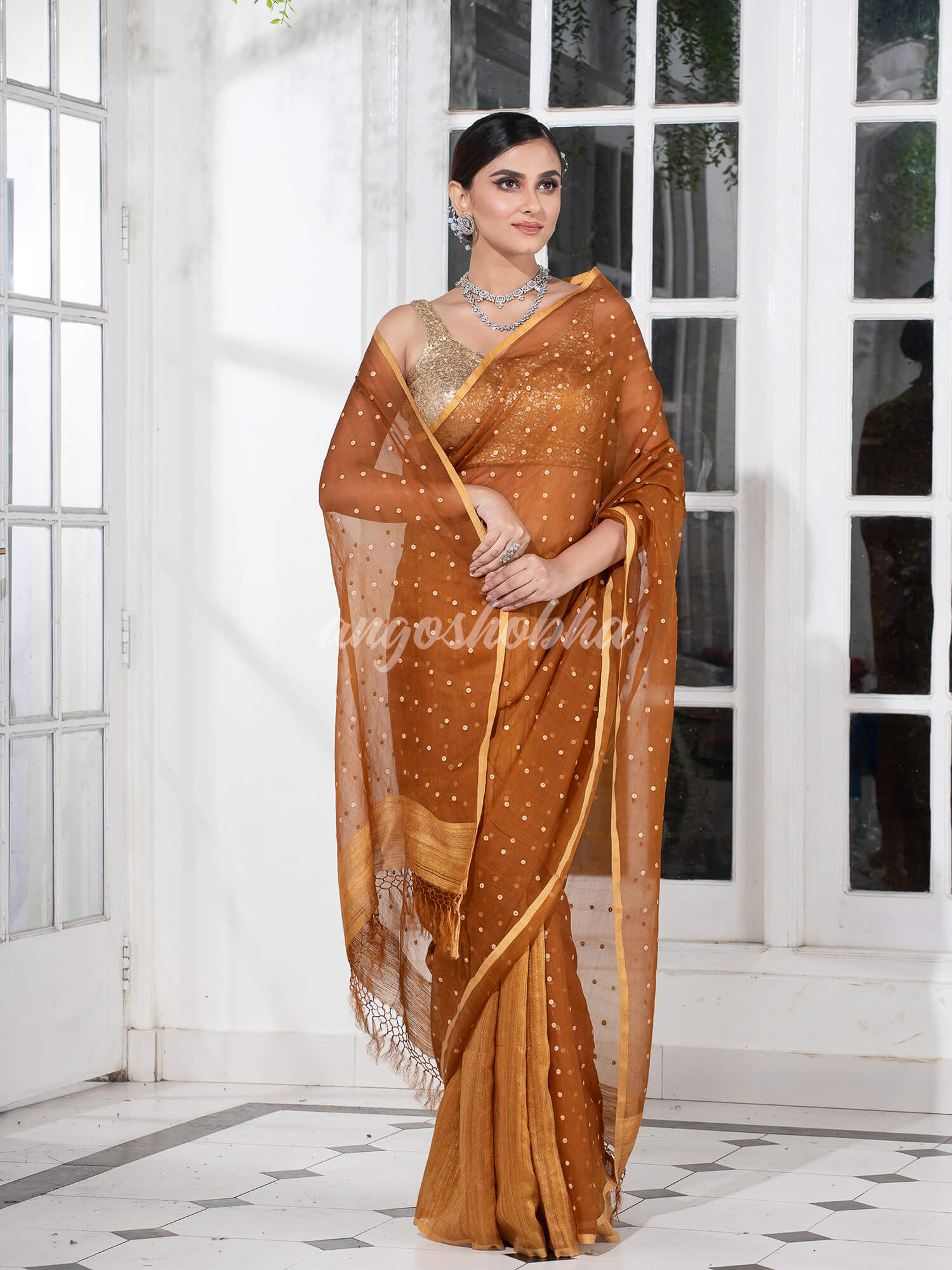 Golden Colour Half Half Silk Matka Sequins Handwoven Saree