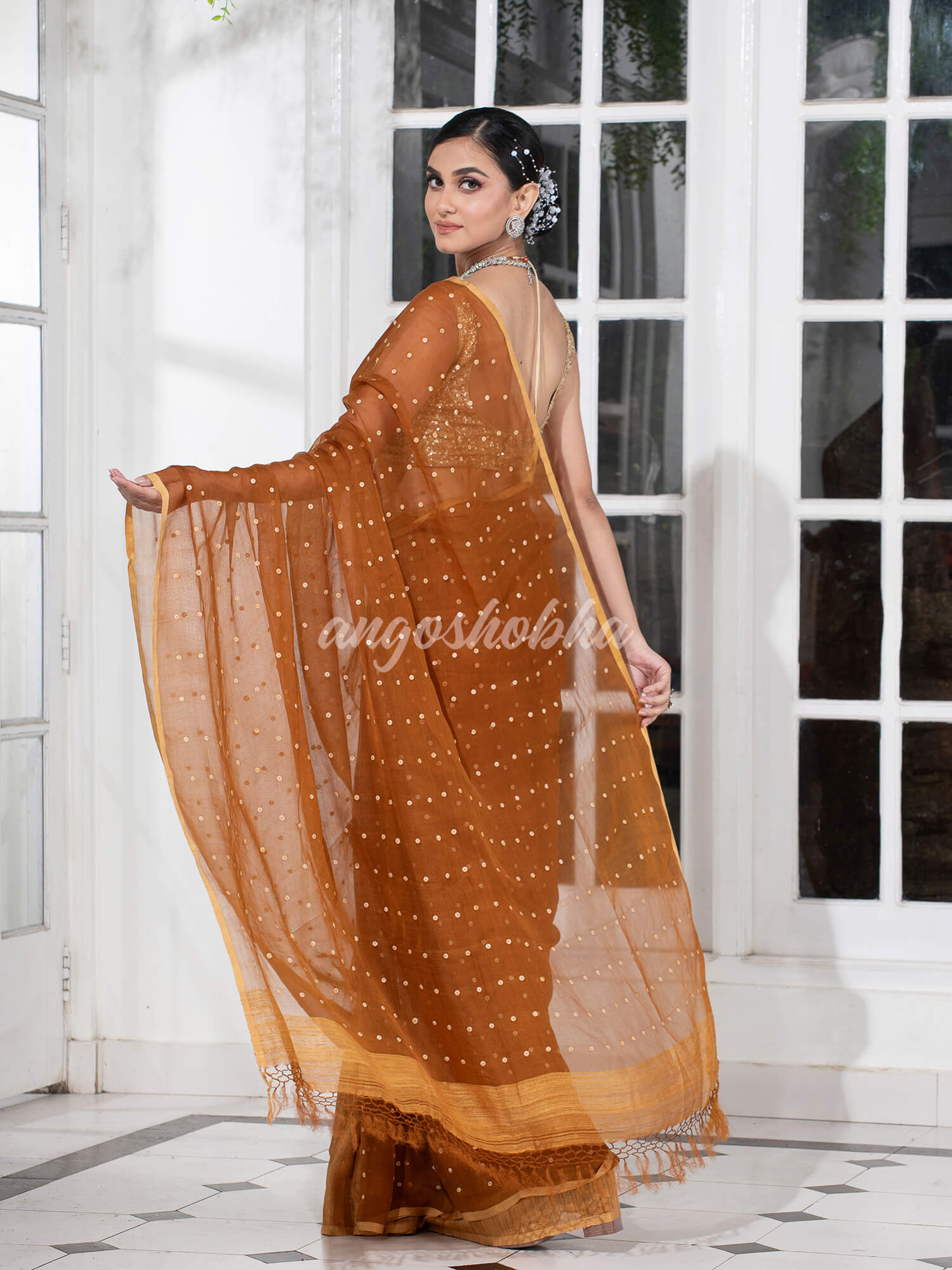 Golden Colour Half Half Silk Matka Sequins Handwoven Saree