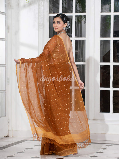 Golden Colour Half Half Silk Matka Sequins Handwoven Saree