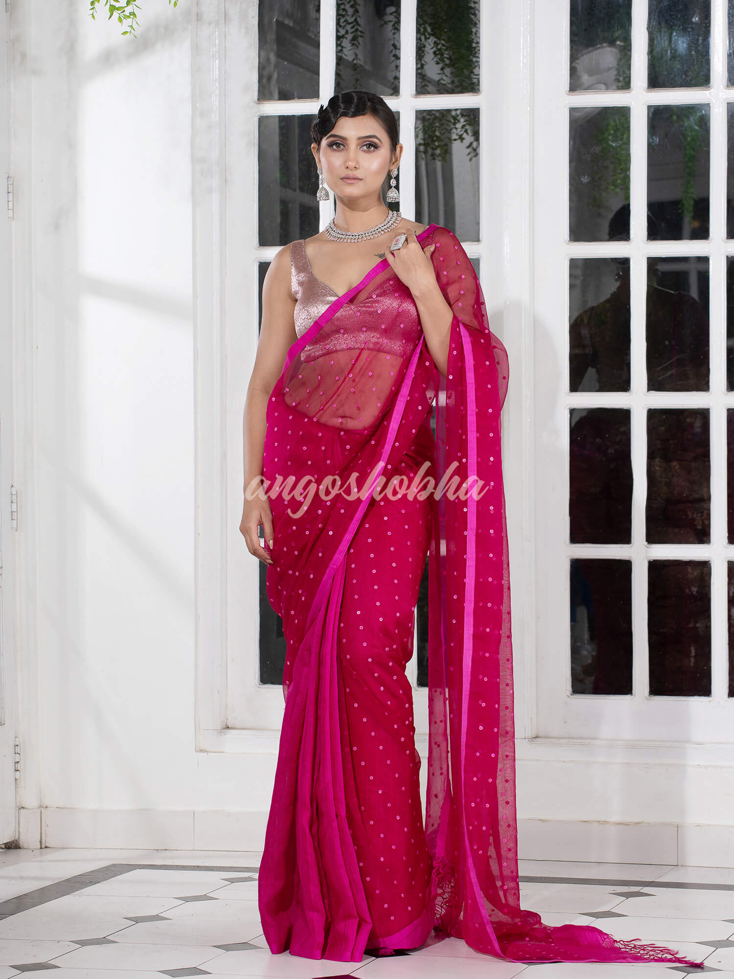 Fuchsia Colour Half Half Silk Matka Sequins Handwoven Saree
