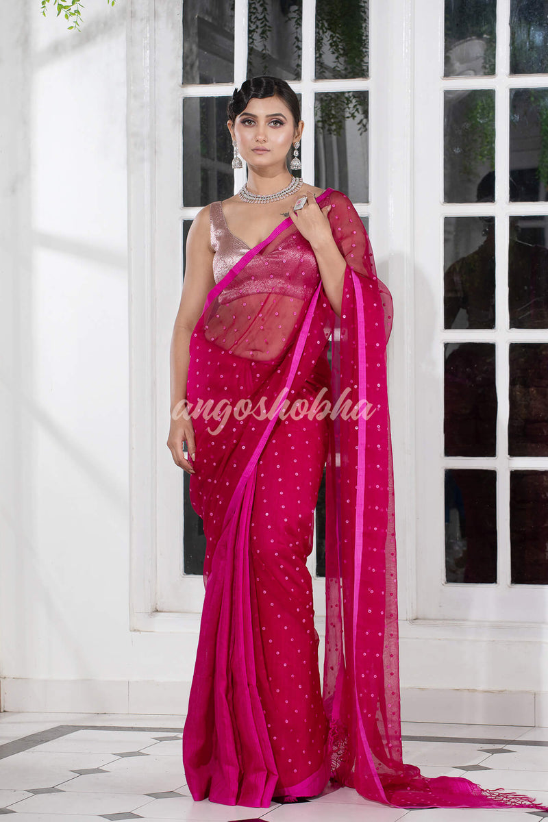 Fuchsia Colour Half Half Silk Matka Sequins Handwoven Saree