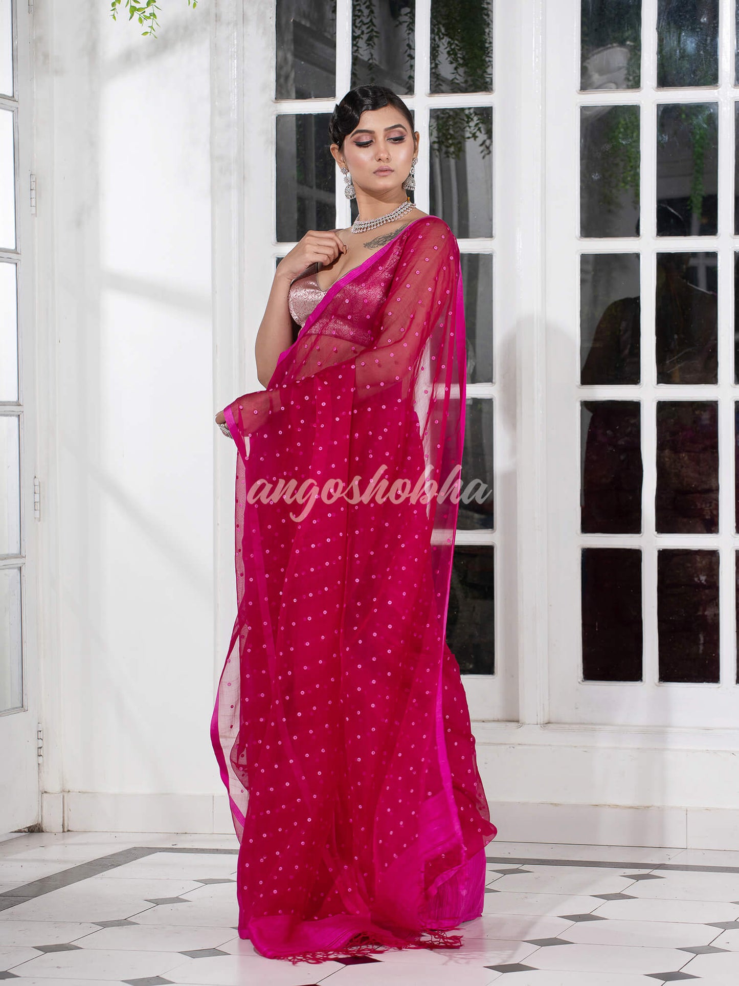 Fuchsia Colour Half Half Silk Matka Sequins Handwoven Saree