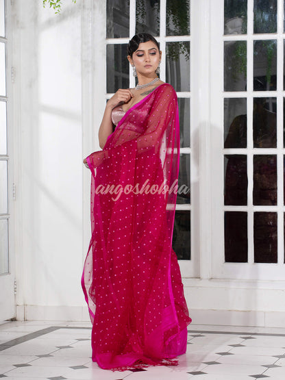Fuchsia Colour Half Half Silk Matka Sequins Handwoven Saree