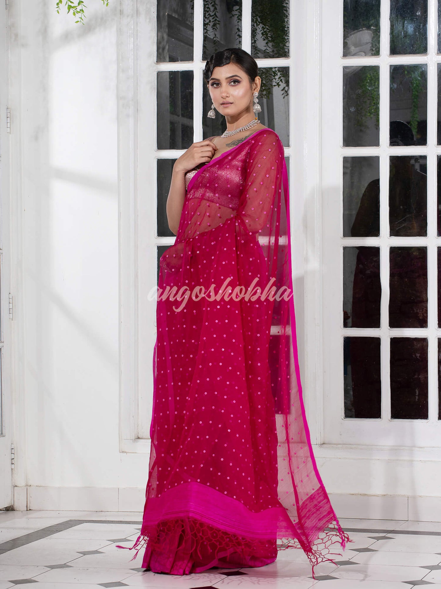 Fuchsia Colour Half Half Silk Matka Sequins Handwoven Saree