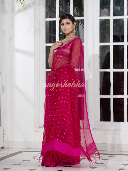 Fuchsia Colour Half Half Silk Matka Sequins Handwoven Saree