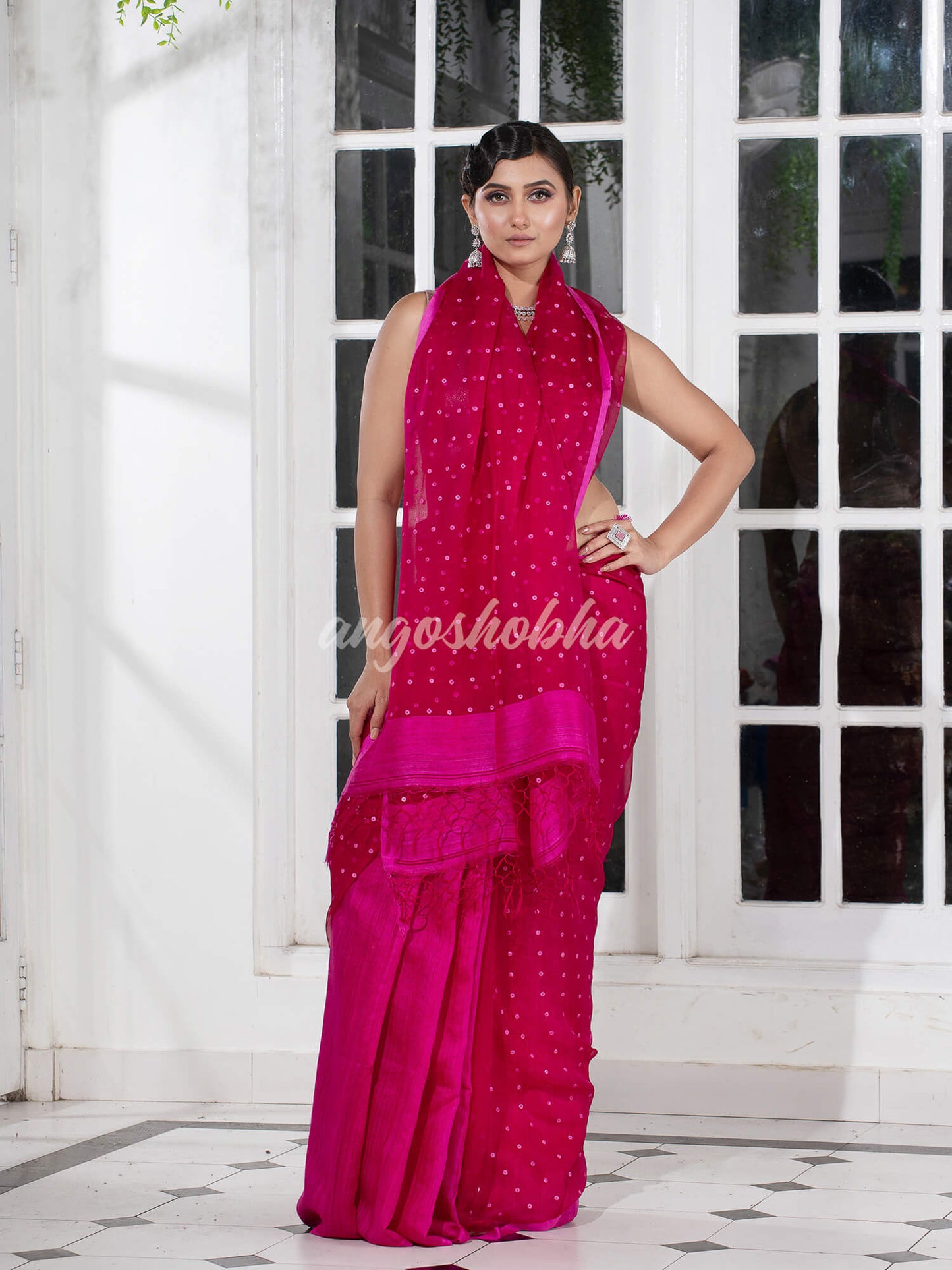 Fuchsia Colour Half Half Silk Matka Sequins Handwoven Saree
