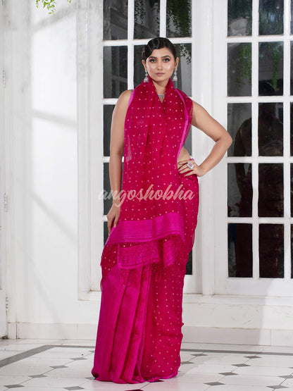 Fuchsia Colour Half Half Silk Matka Sequins Handwoven Saree