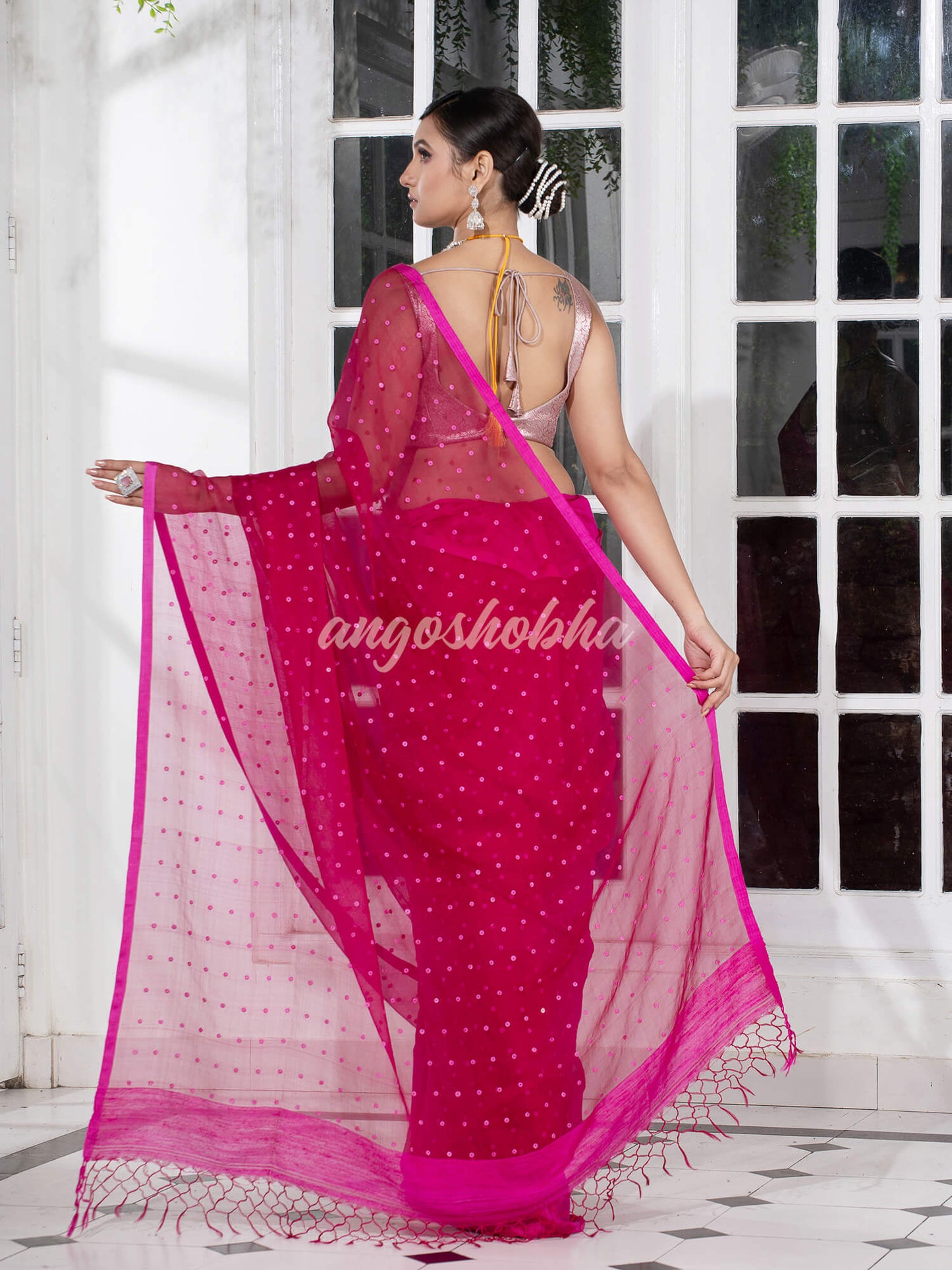 Fuchsia Colour Half Half Silk Matka Sequins Handwoven Saree