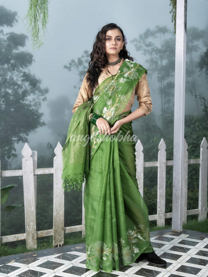 Green Silk White Flowers Motive Handwoven Muslin Saree