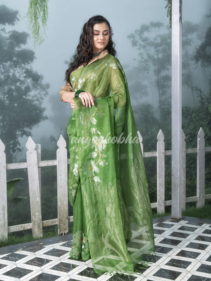 Green Silk White Flowers Motive Handwoven Muslin Saree