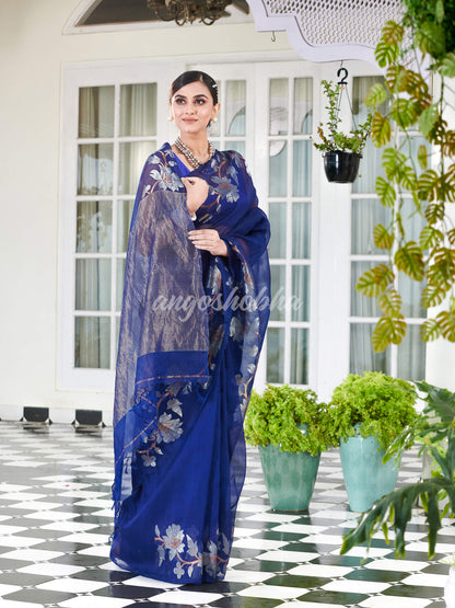 Blue Silk White Flowers Motive Handwoven Muslin Saree