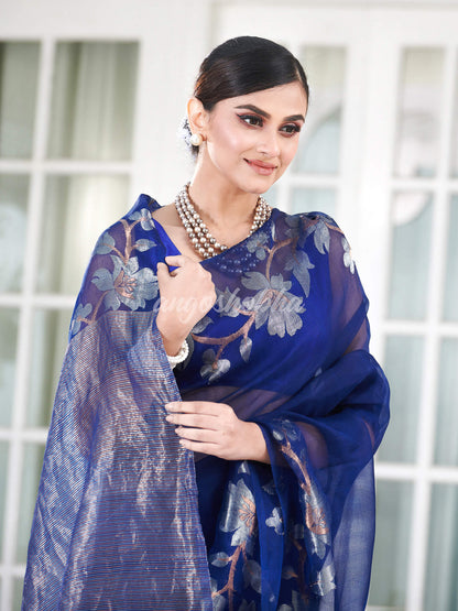 Blue Silk White Flowers Motive Handwoven Muslin Saree