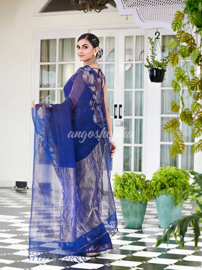 Blue Silk White Flowers Motive Handwoven Muslin Saree