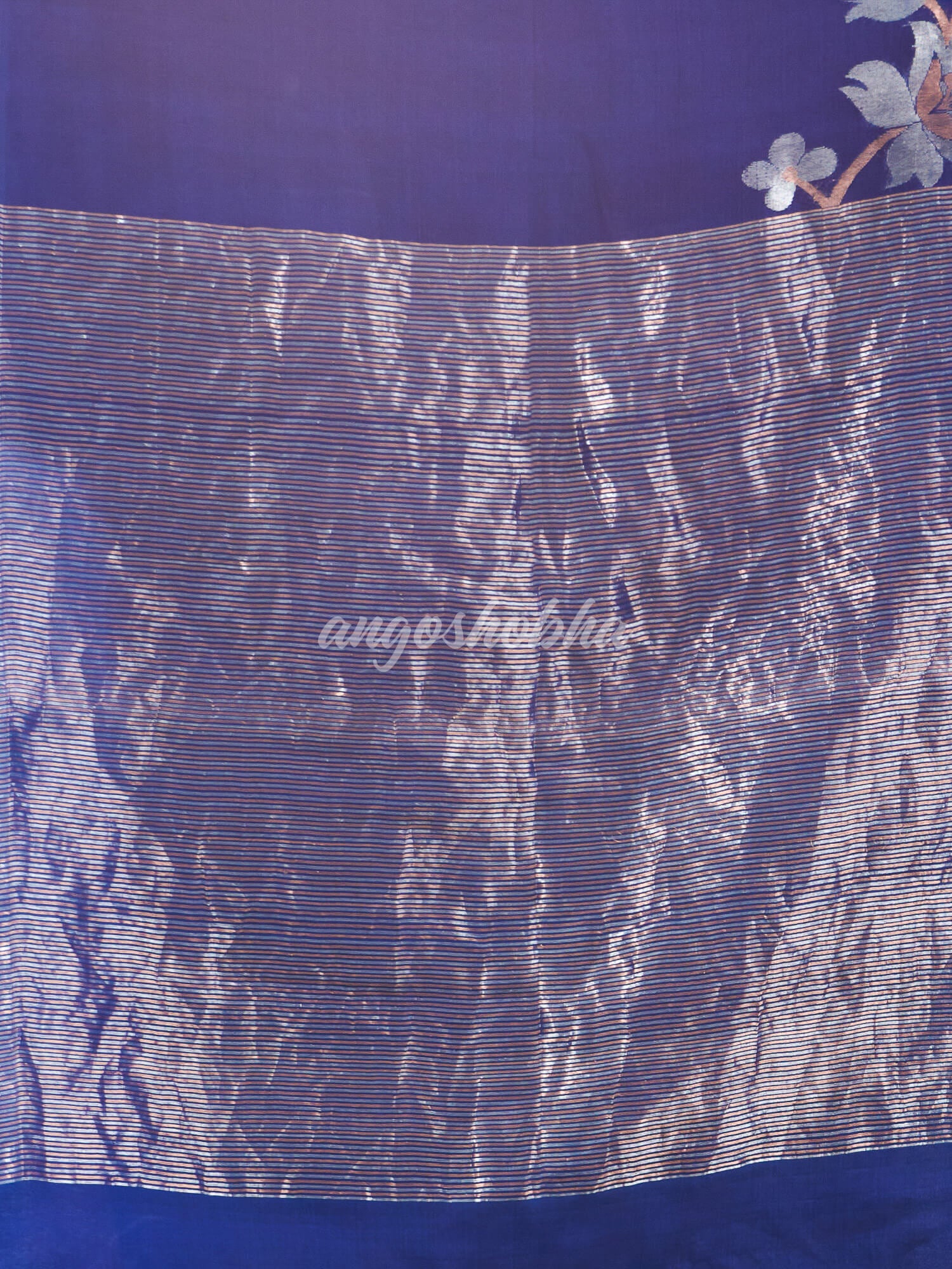 Blue Silk White Flowers Motive Handwoven Muslin Saree