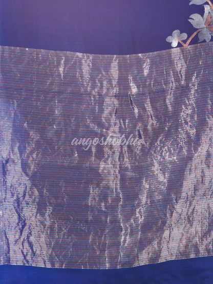 Blue Silk White Flowers Motive Handwoven Muslin Saree
