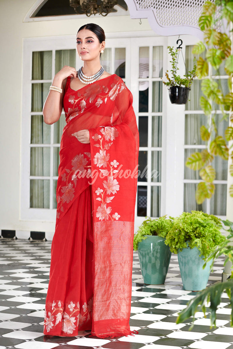 Red Silk White Flowers Motive Handwoven Muslin Saree