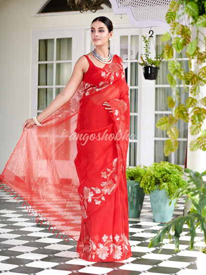 Red Silk White Flowers Motive Handwoven Muslin Saree