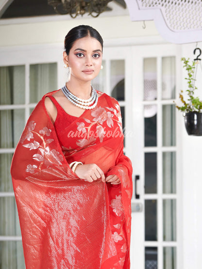 Red Silk White Flowers Motive Handwoven Muslin Saree