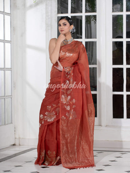 Rust Silk White Flowers Motive Handwoven Muslin Saree