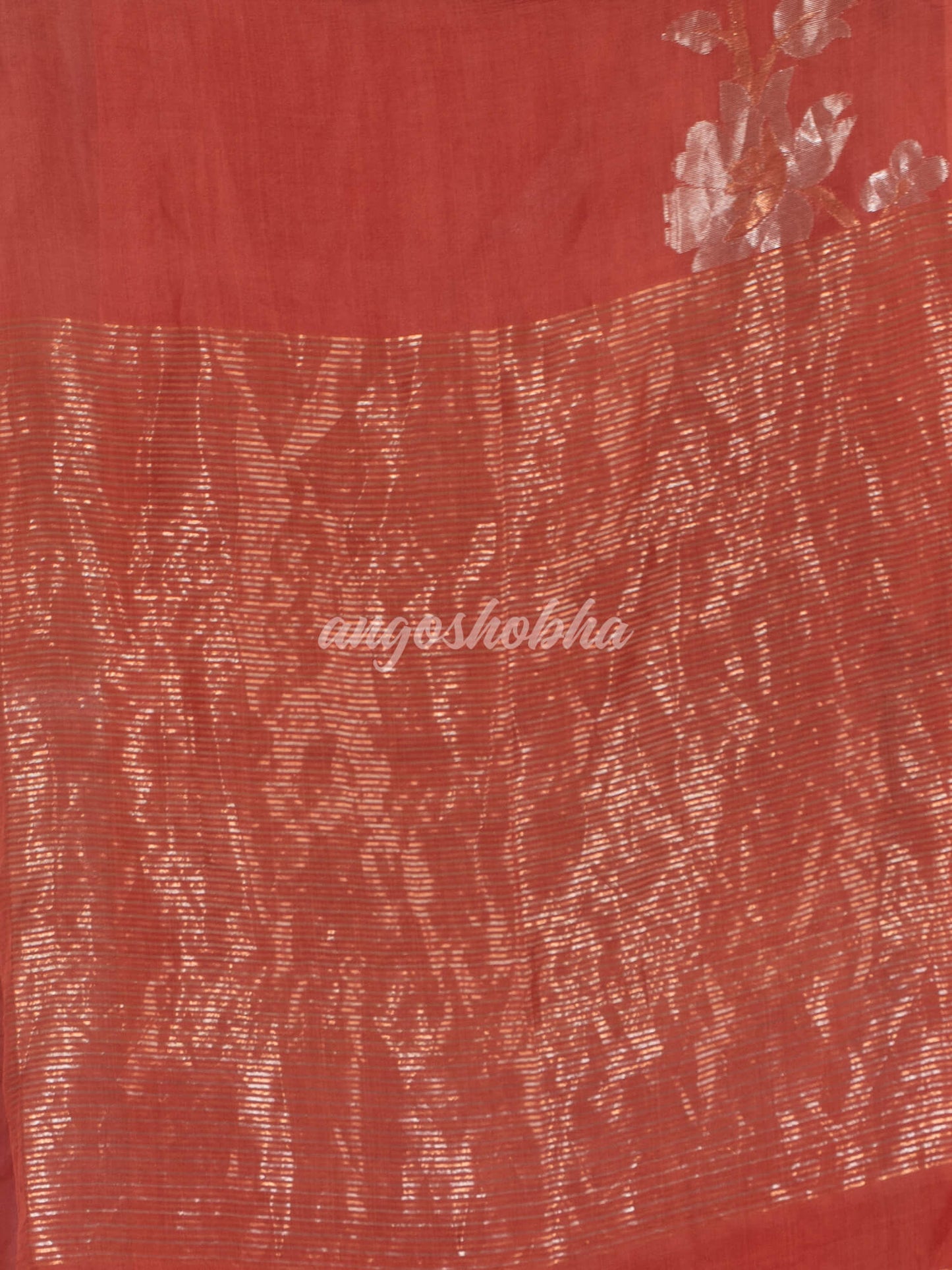 Rust Silk White Flowers Motive Handwoven Muslin Saree
