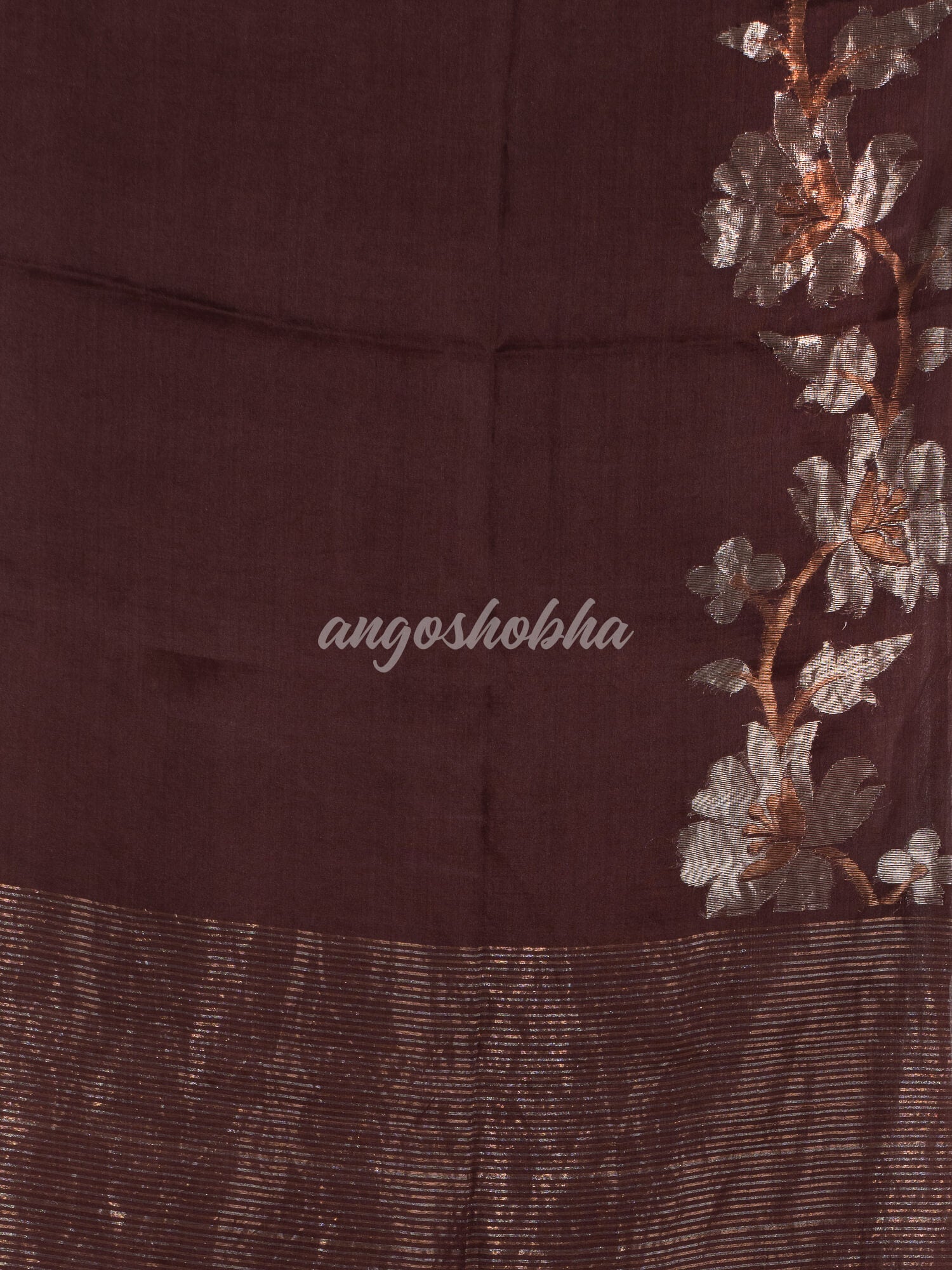 Brown Silk White Flowers Motive Handwoven Muslin Saree