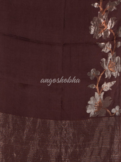 Brown Silk White Flowers Motive Handwoven Muslin Saree