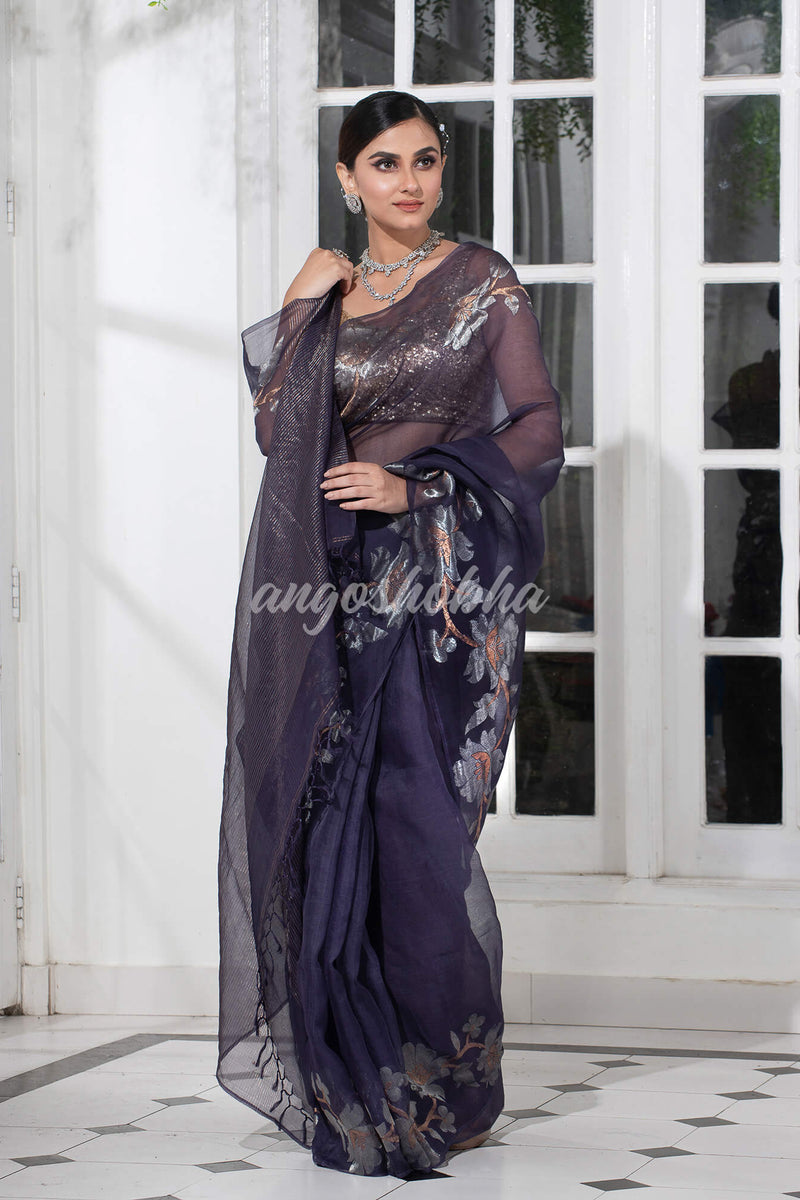 Misty Blue Silk White Flowers Motive Handwoven Muslin Saree