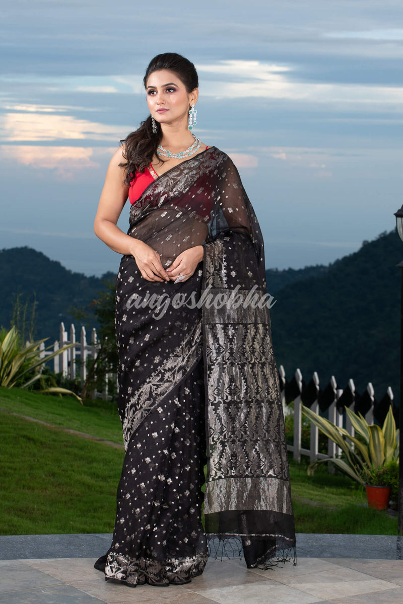 Black Silk Muslin Body and The Hem with Intricate Silver Motifs Design  Handwoven Saree