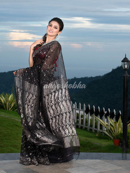 Black Silk Muslin Body and The Hem with Intricate Silver Motifs Design  Handwoven Saree