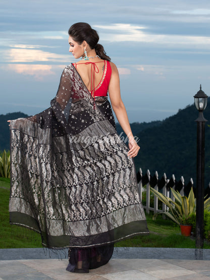 Black Silk Muslin Body and The Hem with Intricate Silver Motifs Design  Handwoven Saree