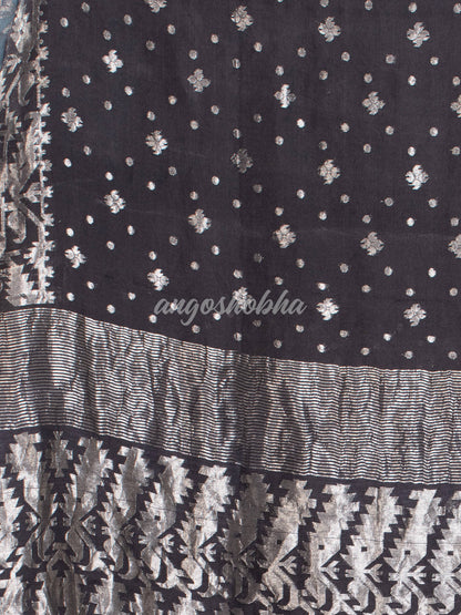 Black Silk Muslin Body and The Hem with Intricate Silver Motifs Design  Handwoven Saree