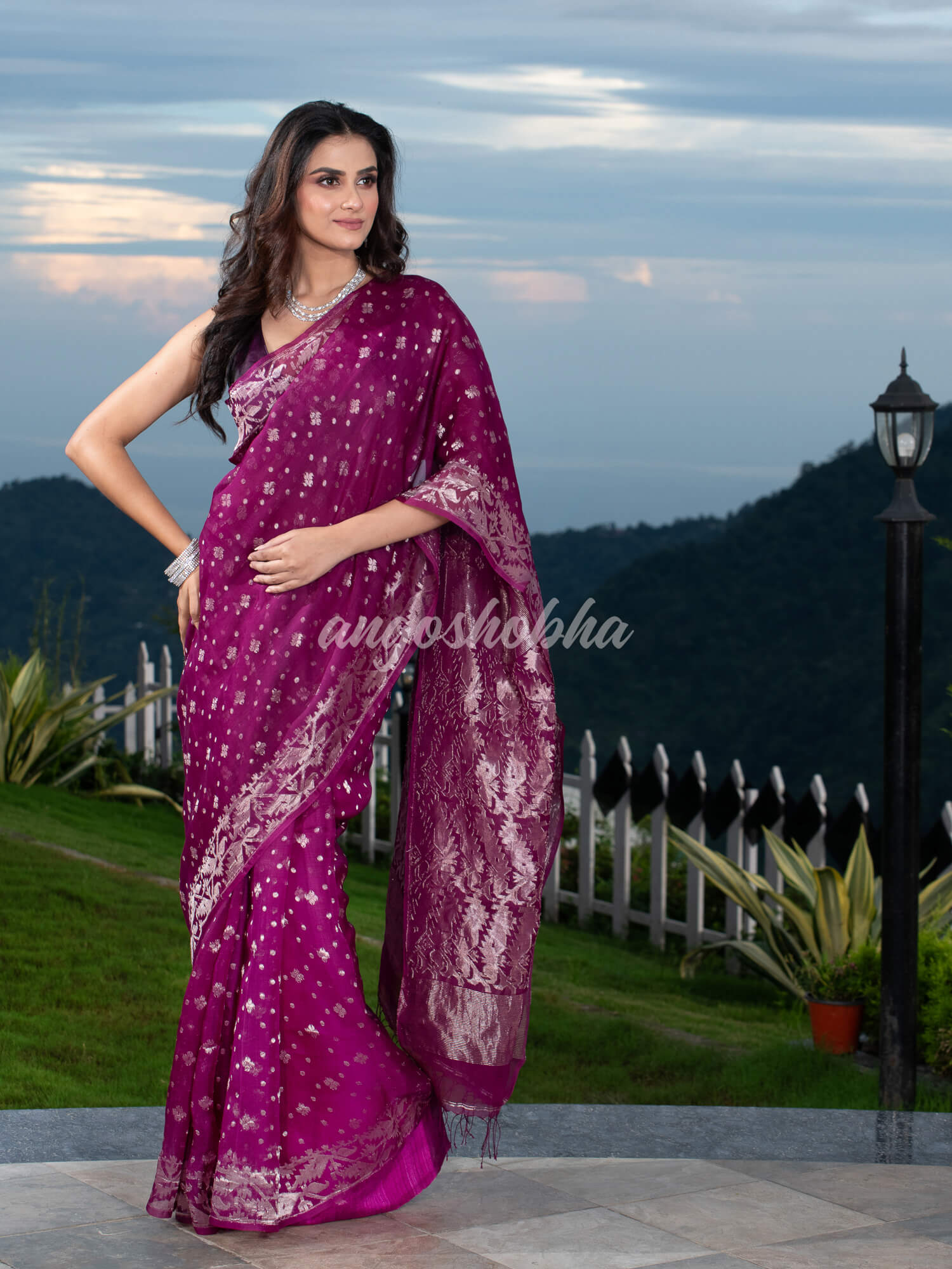 Magenta Silk Muslin Body and The Hem with Intricate Silver Motifs Design  Handwoven Saree
