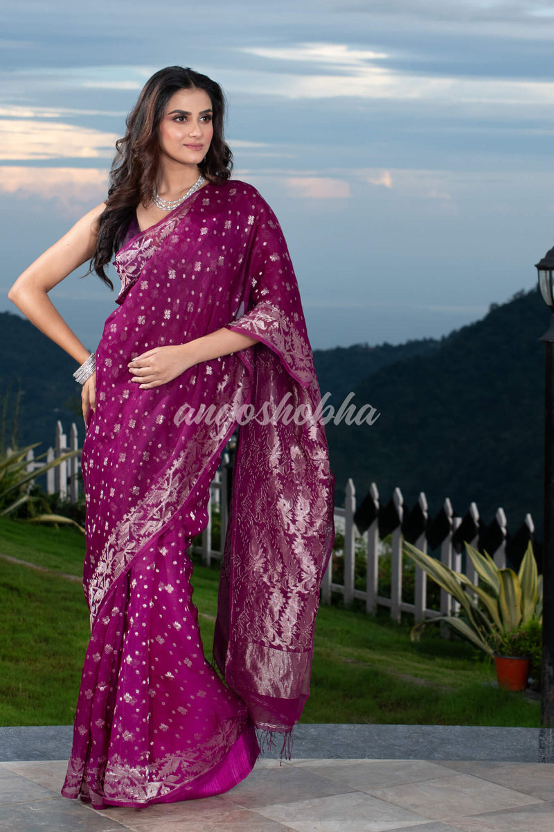 Magenta Silk Muslin Body and The Hem with Intricate Silver Motifs Design  Handwoven Saree
