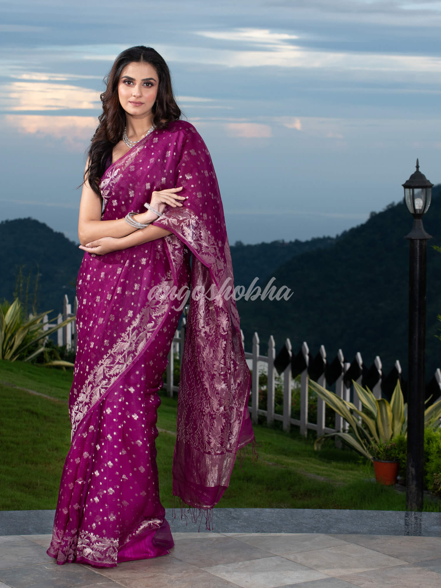 Magenta Silk Muslin Body and The Hem with Intricate Silver Motifs Design  Handwoven Saree