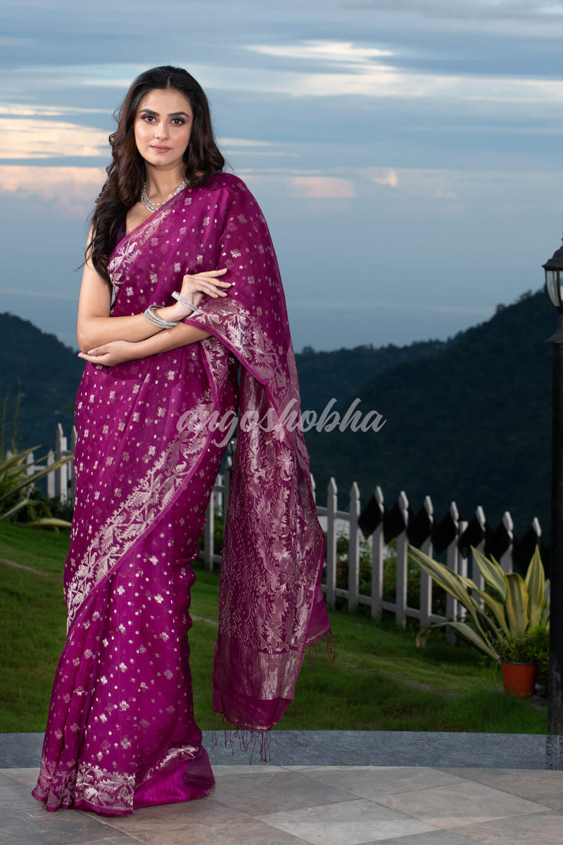 Magenta Silk Muslin Body and The Hem with Intricate Silver Motifs Design  Handwoven Saree