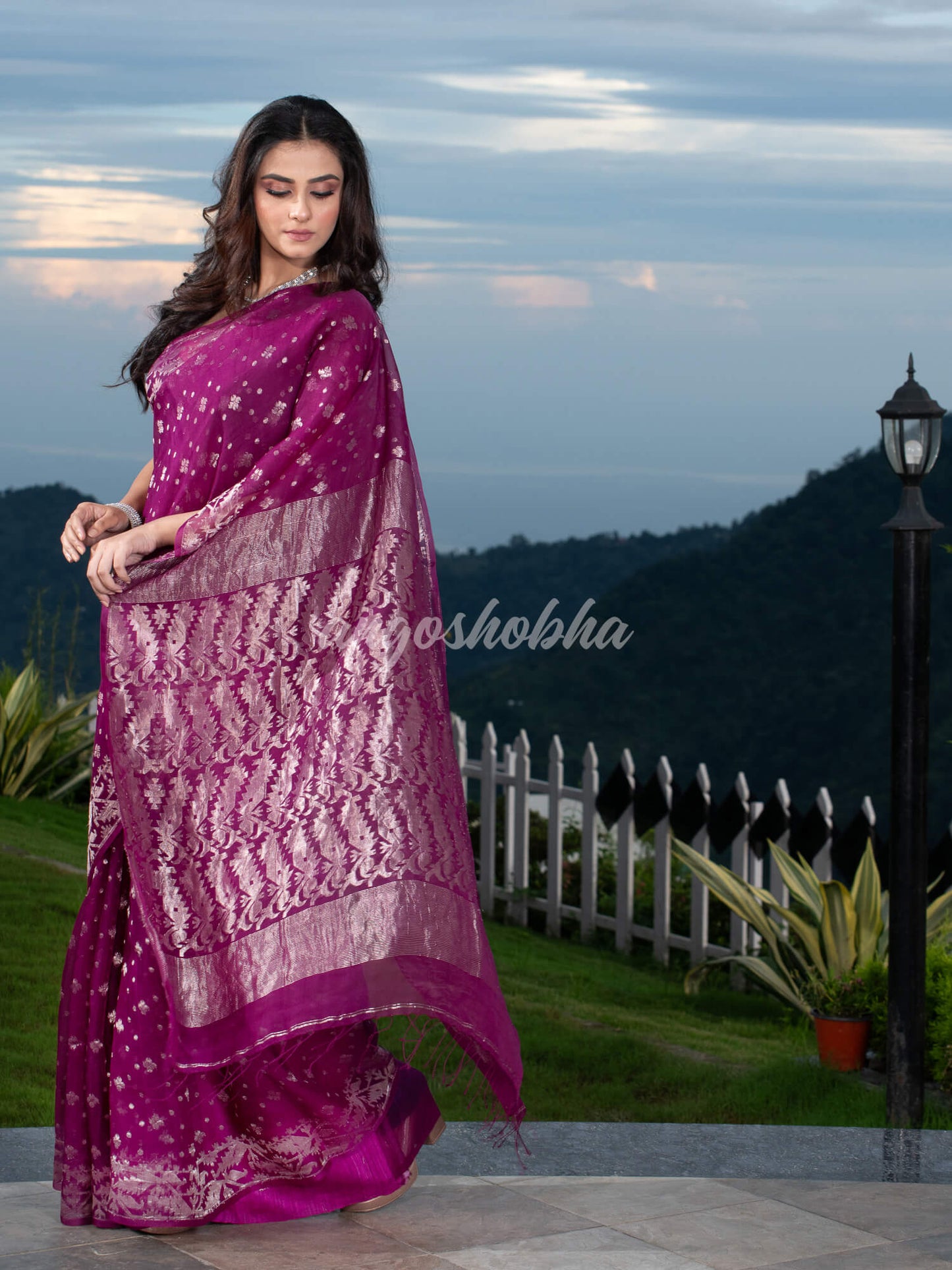 Magenta Silk Muslin Body and The Hem with Intricate Silver Motifs Design  Handwoven Saree