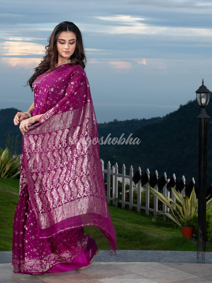 Magenta Silk Muslin Body and The Hem with Intricate Silver Motifs Design  Handwoven Saree