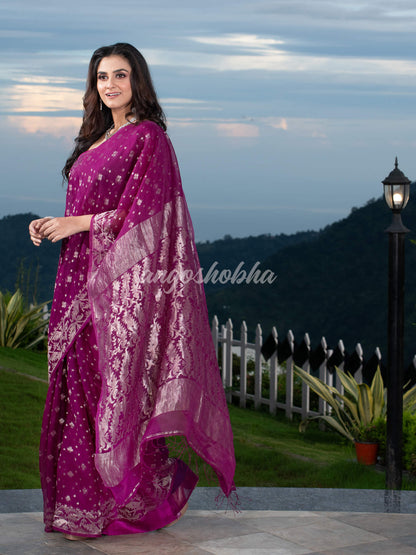 Magenta Silk Muslin Body and The Hem with Intricate Silver Motifs Design  Handwoven Saree