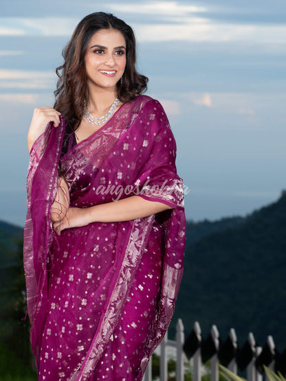 Magenta Silk Muslin Body and The Hem with Intricate Silver Motifs Design  Handwoven Saree