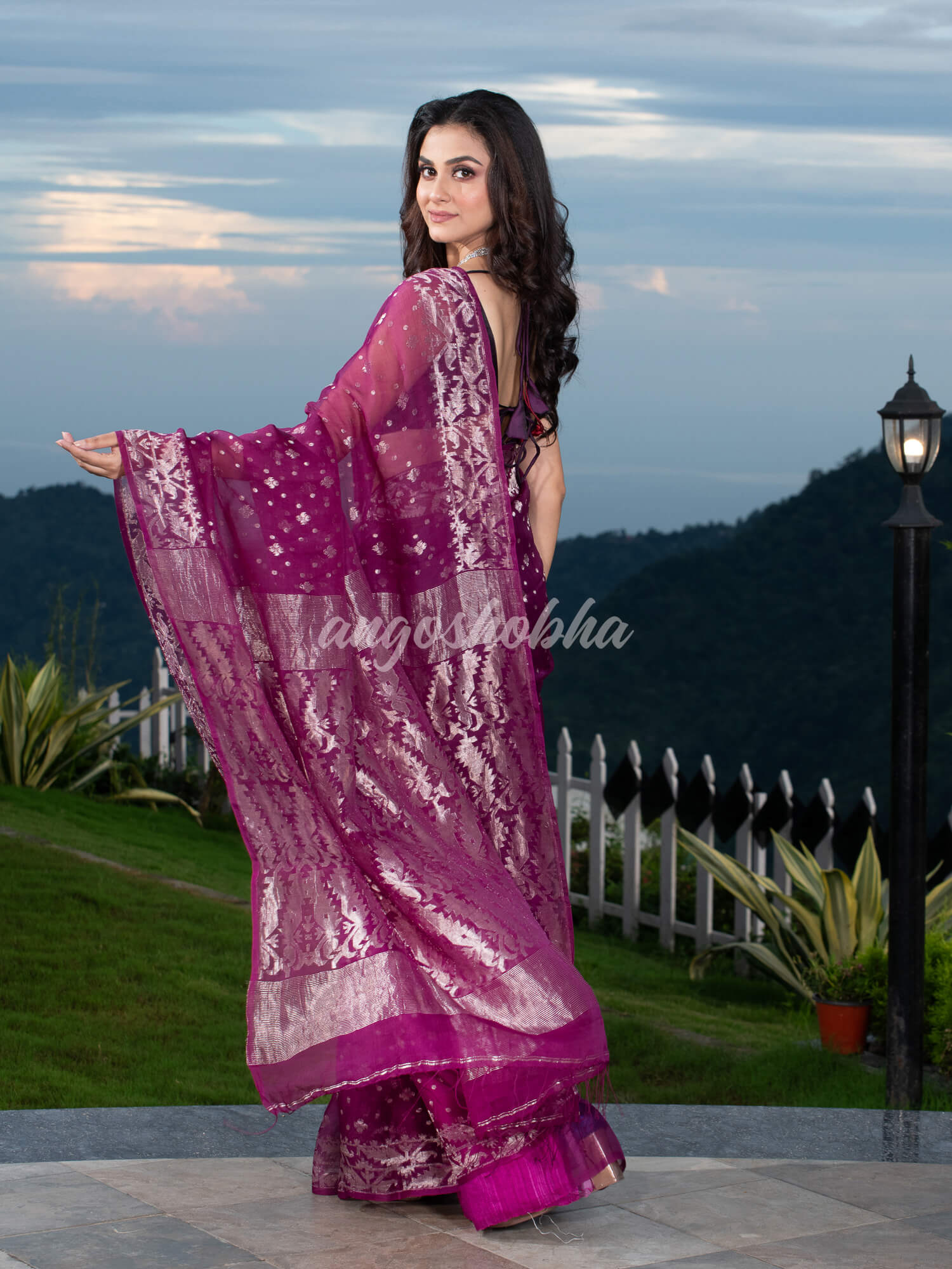 Magenta Silk Muslin Body and The Hem with Intricate Silver Motifs Desi ...