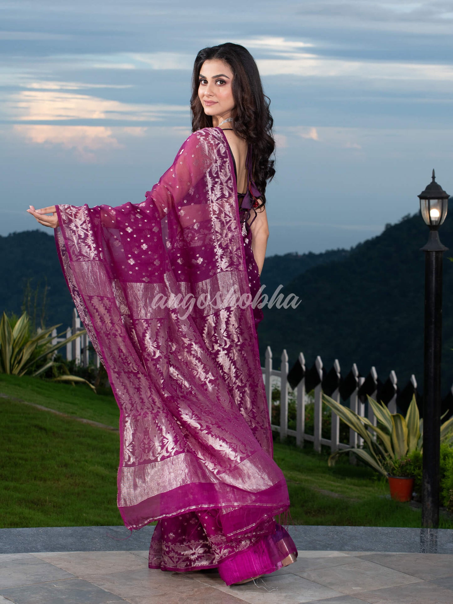 Magenta Silk Muslin Body and The Hem with Intricate Silver Motifs Design  Handwoven Saree