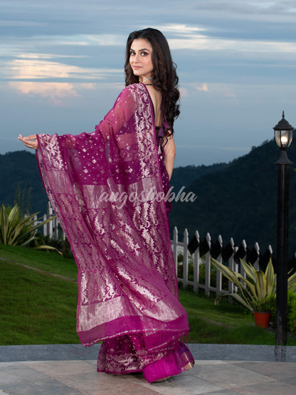 Magenta Silk Muslin Body and The Hem with Intricate Silver Motifs Design  Handwoven Saree