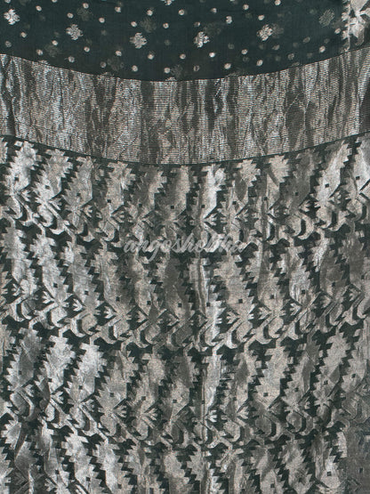 Bottle Green Silk Muslin Body and The Hem with Intricate Silver Motifs Design  Handwoven Saree