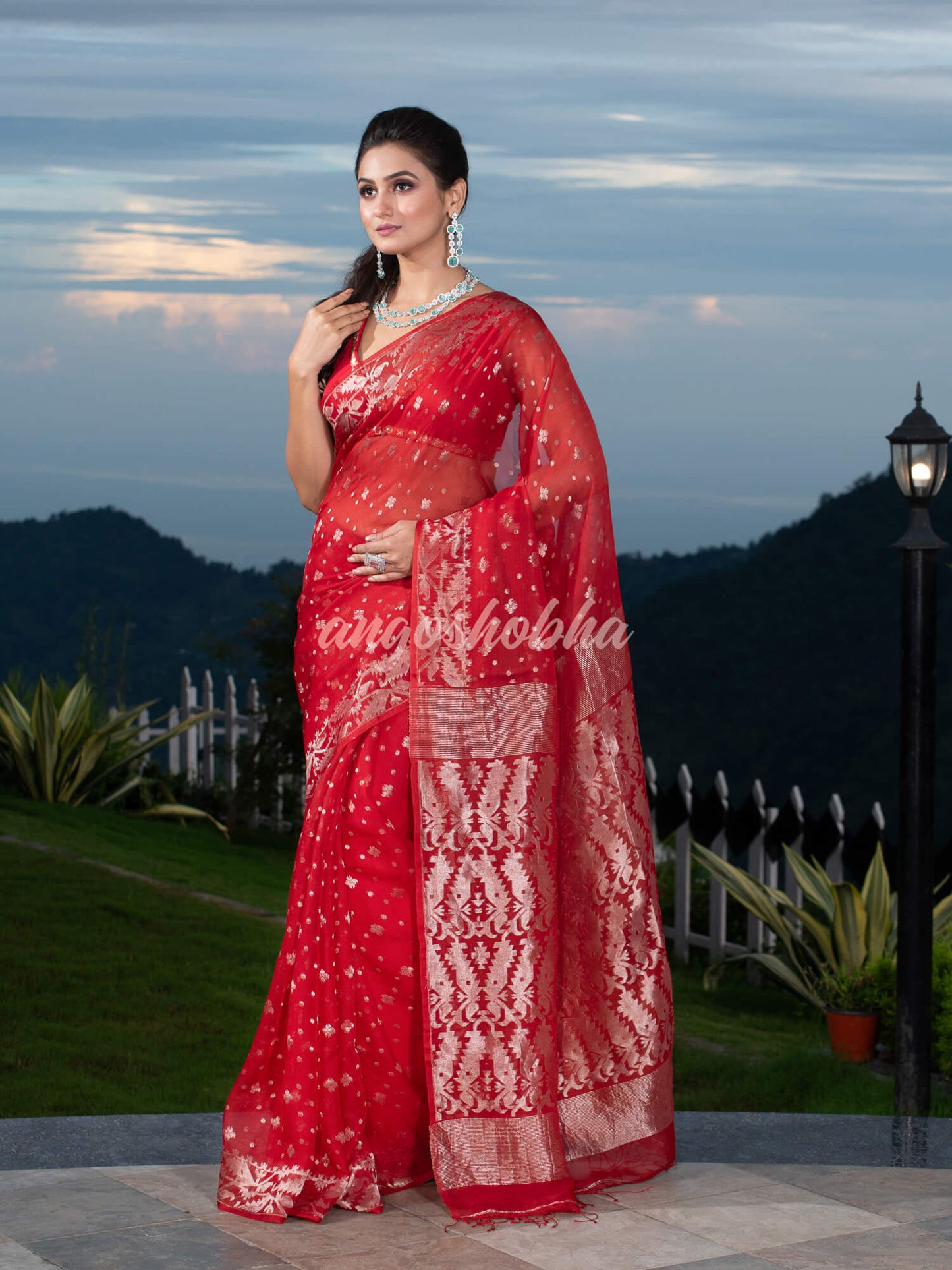 Red Silk Muslin Body and The Hem with Intricate Silver Motifs Design  Handwoven Saree