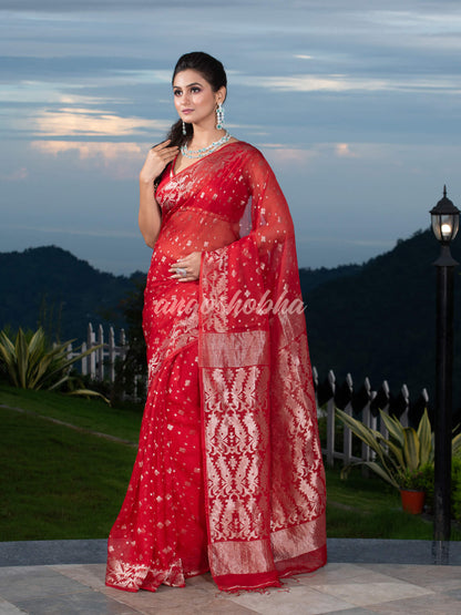 Red Silk Muslin Body and The Hem with Intricate Silver Motifs Design  Handwoven Saree